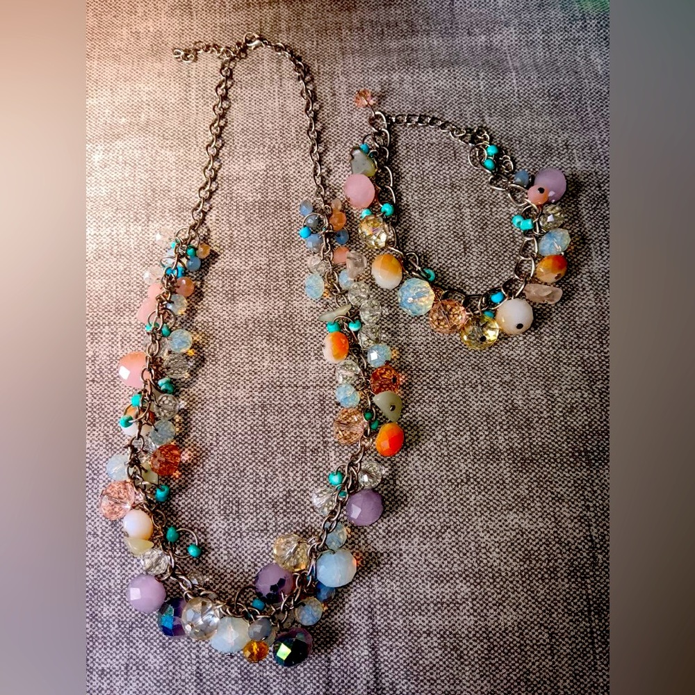 Silvertone necklace with different colors stones with matching bracelet